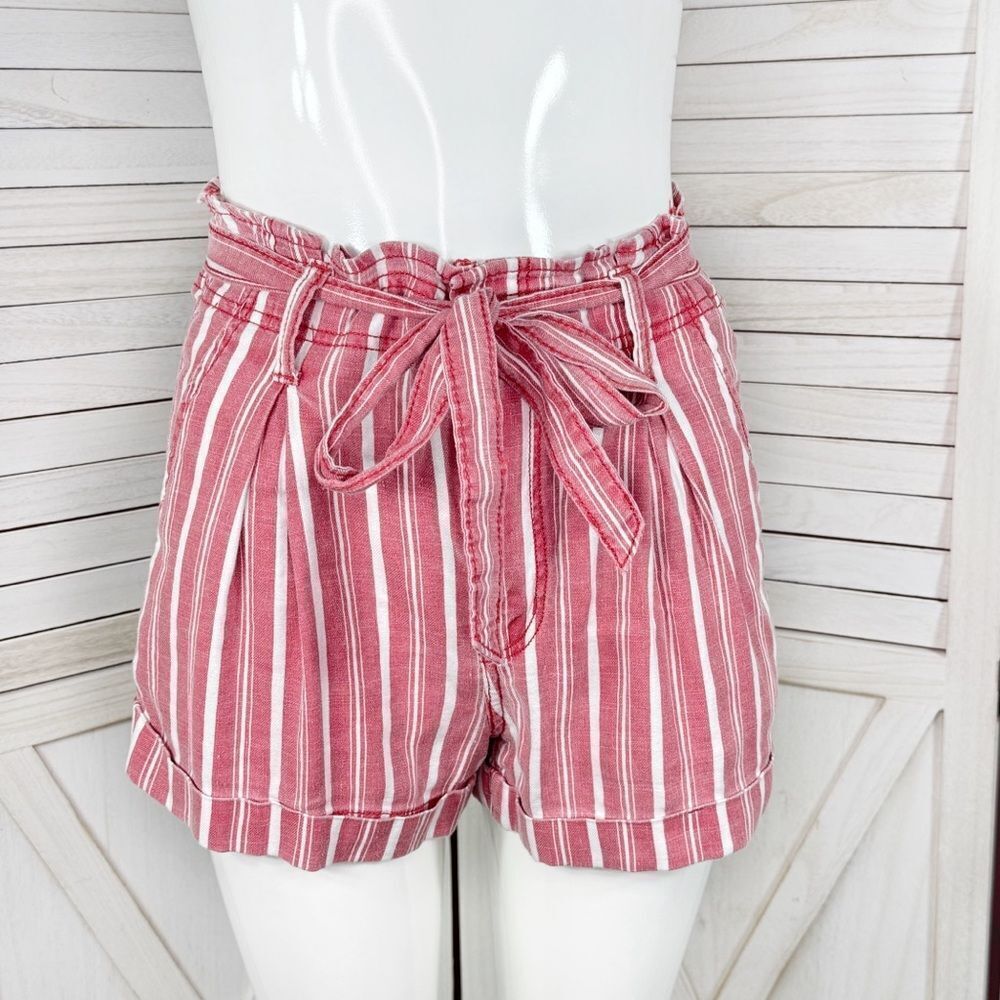 American Eagle Striped High Waist Paperbag Linen Blend Shorts Red White 4